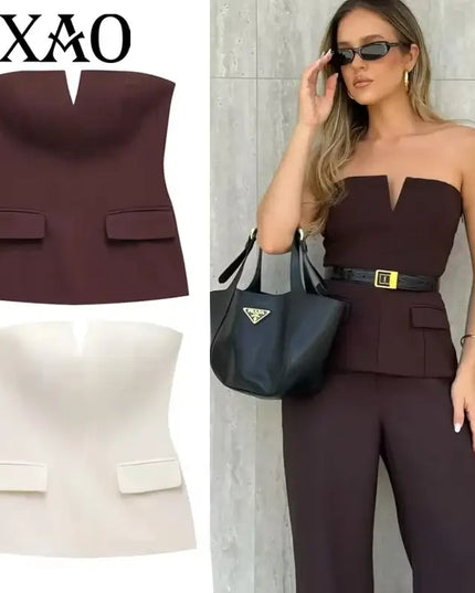 HXAO Tops For Women Strapless Off White Crop Top Woman Summer Corset Tube Tops Sexys Backless Tank Top Sleeveless Solid Tops