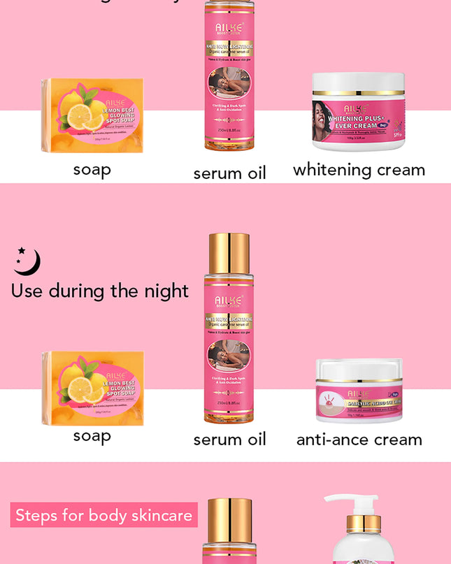 AILKE OEM Smooth Brightening AHA Dark Spots Removal, Skin Whitening Anti Wrinkle Skin Care Set