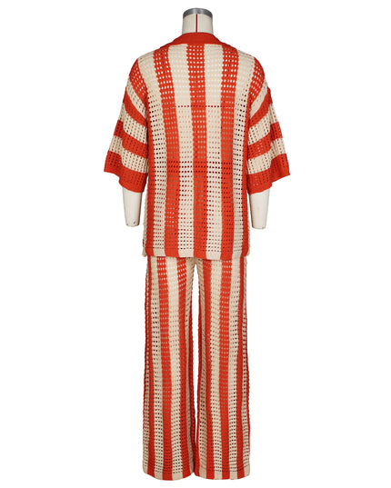 Women's Crochet Knit Two-Piece Beach Set – Button Top & Wide-Leg Pants