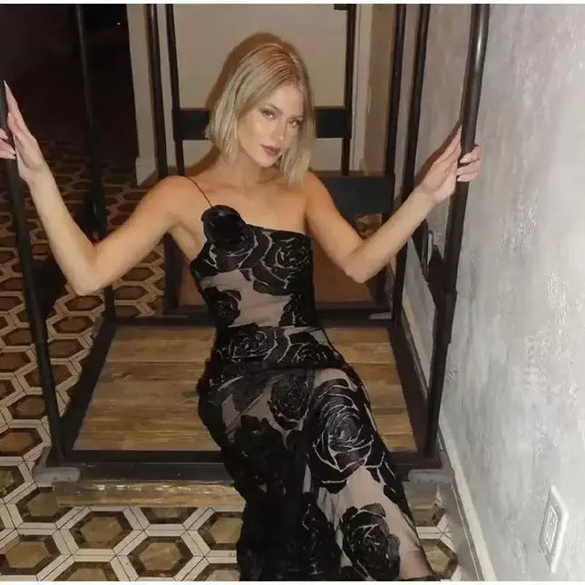 Oligai one shoulder elegant dress in black mesh design with floral details, perfect for weddings and parties.