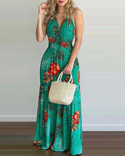 Women Tropical Print Halter Backless Maxi Dress Sexy Sleeveless Deeep V Beach Dress