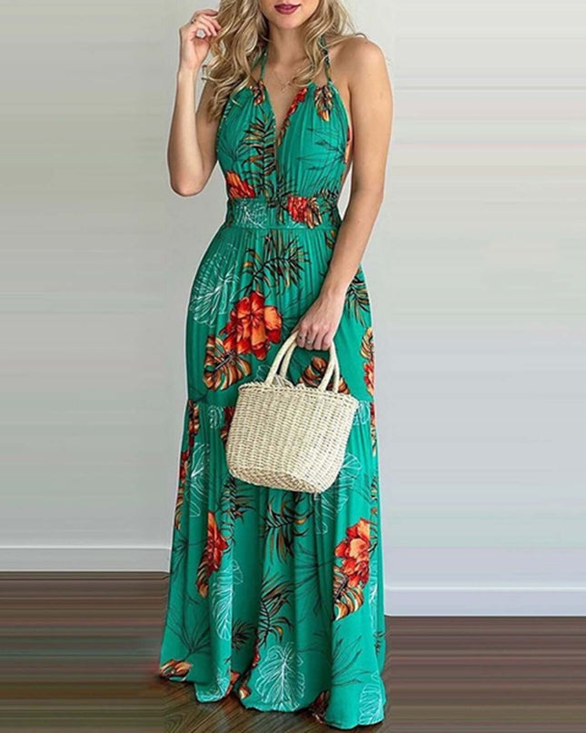 Women Tropical Print Halter Backless Maxi Dress Sexy Sleeveless Deeep V Beach Dress
