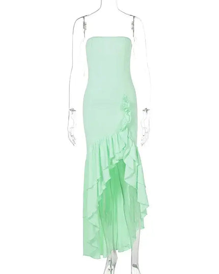 sexy strapless summer dress in mint green with ruffled hem and irregular design for women's spring and summer fashion.