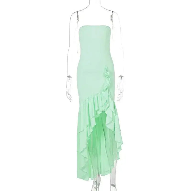 sexy strapless summer dress in mint green with ruffled hem and irregular design for women's spring and summer fashion.