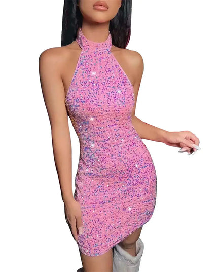 Women Formal Dresses Evening Ladies Solid Color Glitter V Neck Backless Sleeveless Ruched Sequin Bodycon Evening Gown Petite