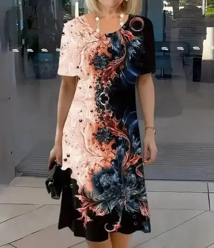 Summer Women's Dresses 3D Floral Print short sleeve dress with elegant design and A-line skirt.