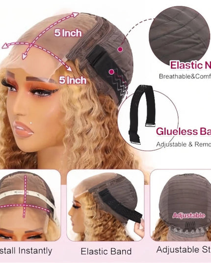 Deep wave bob wig human hair cap with elastic net and glueless band for adjustable comfort.