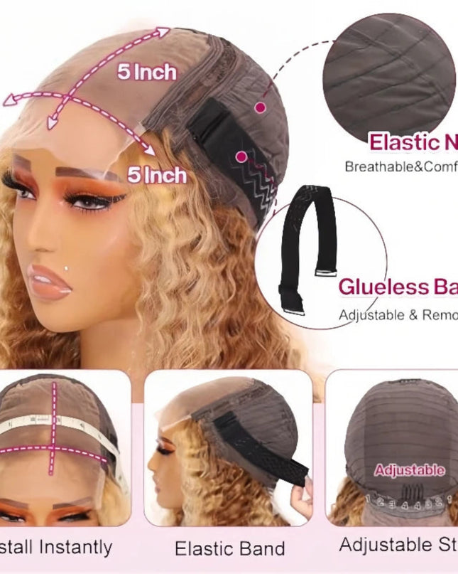 Deep wave bob wig human hair cap with elastic net and glueless band for adjustable comfort.