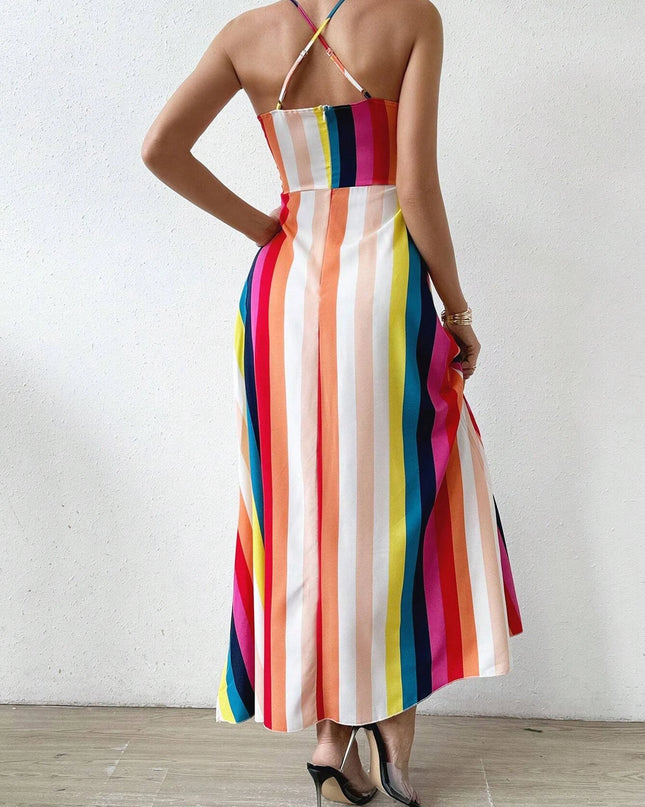 Women's Ethnic Pattern Backless Split Thigh Boho Maxi Dress