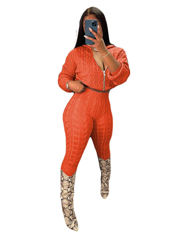 Women's Knit Hooded Sweater and Pants 2-Piece Set | Fall Winter Loungewear Outfit