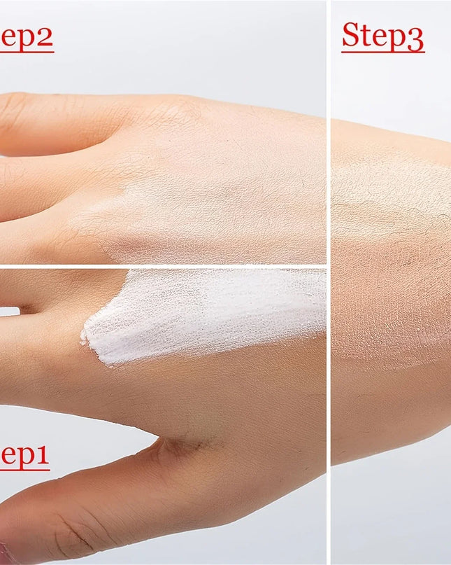 Three-step process of applying a white cream to a hand and arm.