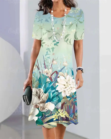 Summer Women's Dresses 3D Floral Print beautifully designed short sleeve dress with elegant A-line skirt.