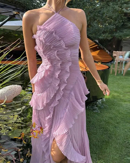 Gown Neck Strap Irregular Long Dress For Women Ruffle Sleeveless High Waist Backless Dresses 2025 New Summer Elegant Party Y2k