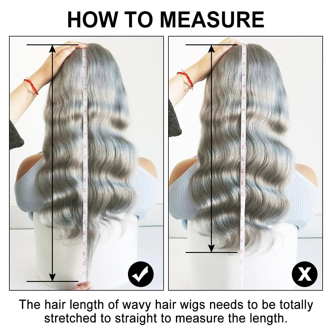 Instructions on how to measure the length of wavy hair wigs with a ruler.