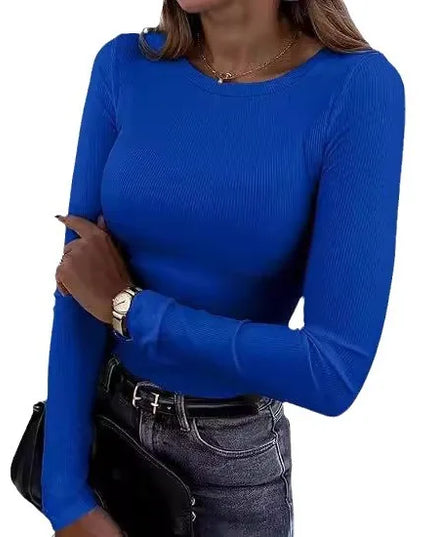 European and American new women's long sleeved elastic round neck ribbed T-shirt slim fit casual basic top