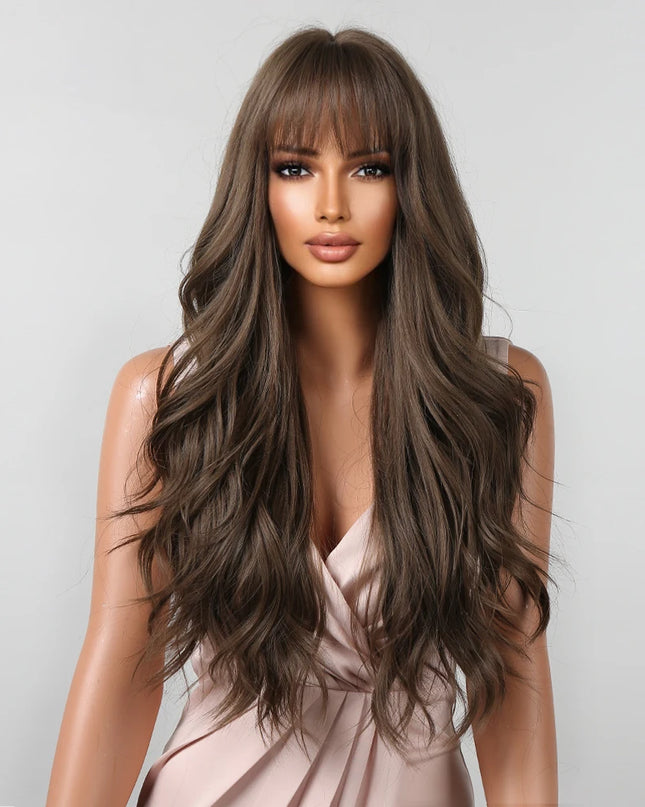 Brown Wavy Wigs for Women with Bangs Long Natural Synthetic Hair Wig Daily Cosplay Heat Resistant