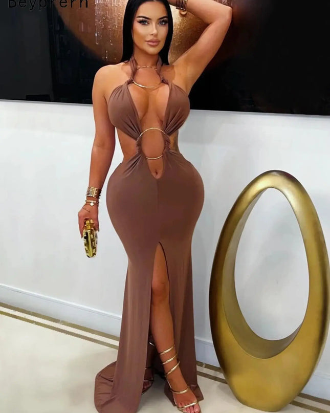 brown cut-out evening dress | Limited Time Offer - flattering design for parties and date nights.