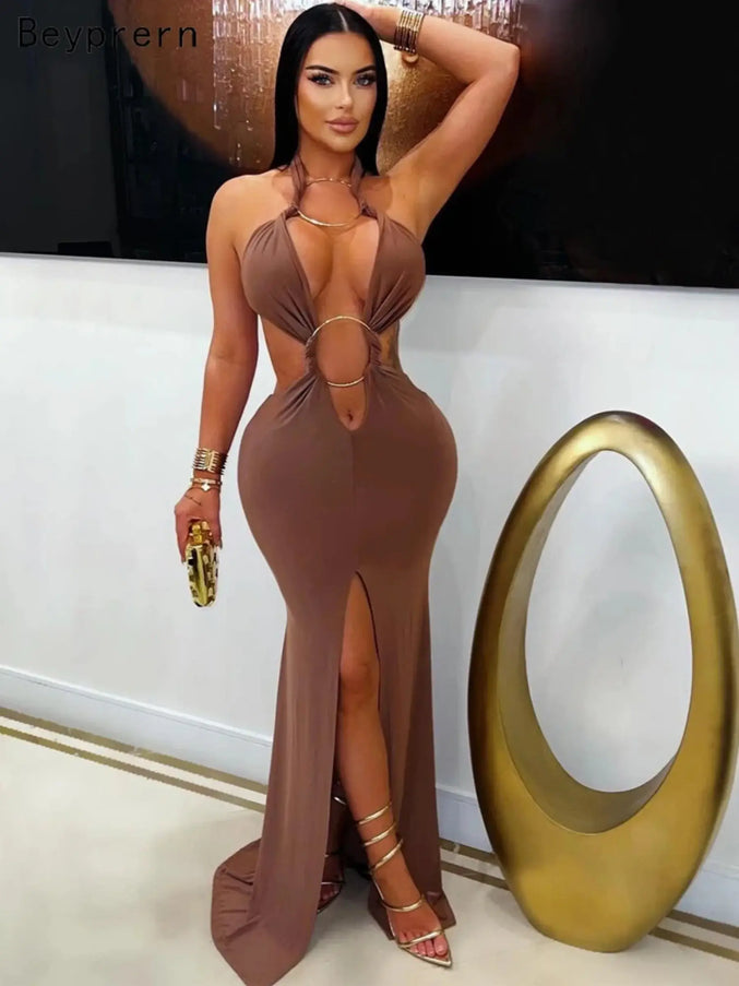 brown cut-out evening dress | Limited Time Offer - flattering design for parties and date nights.