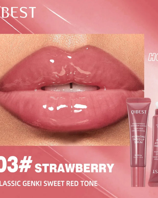Lip gloss with a close-up of lips wearing it, QIBEST branding visible.