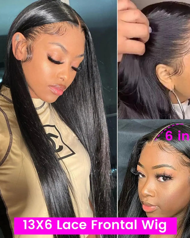 13X6 Lace Frontal Wig with model wearing it and close-up details.
