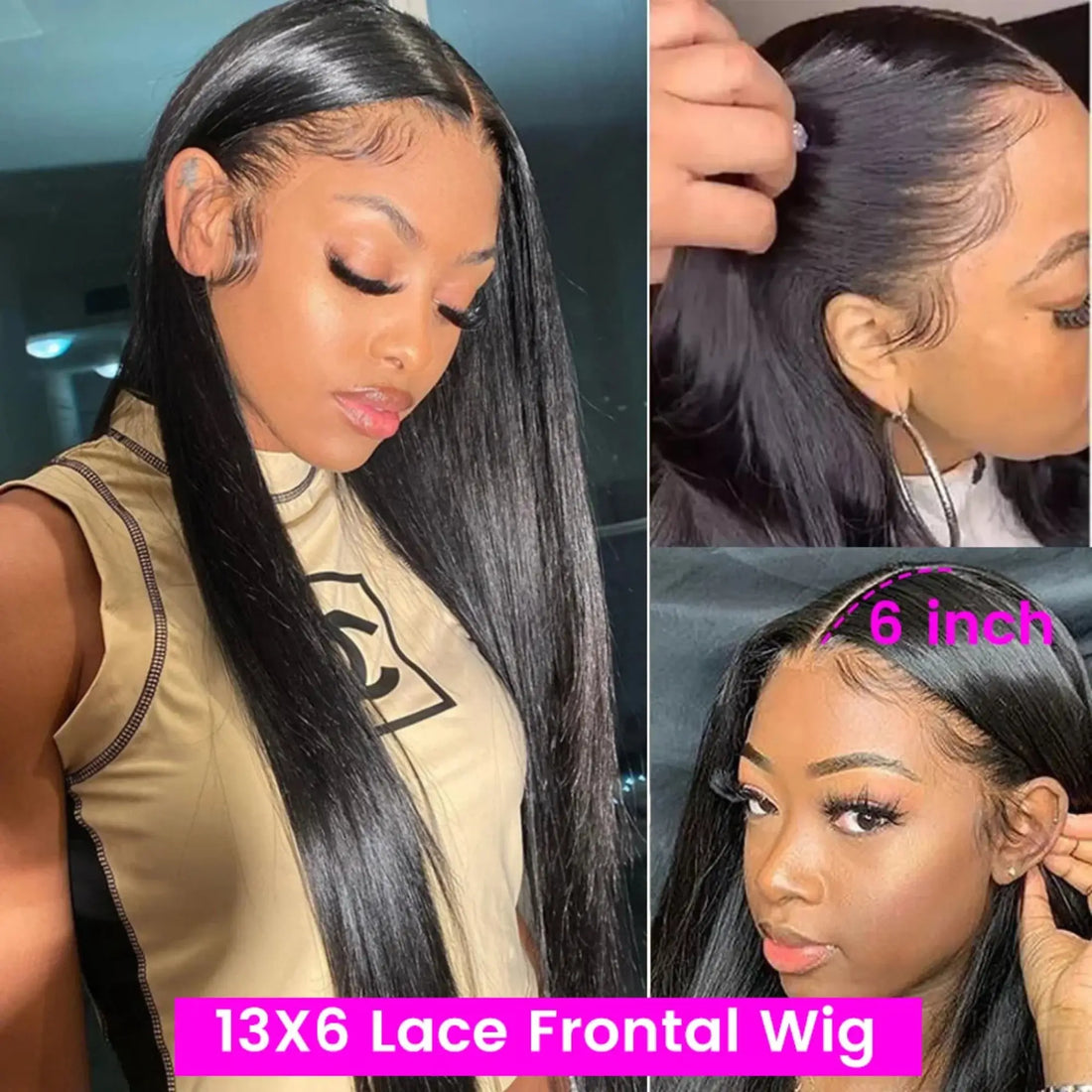 13X6 Lace Frontal Wig with model wearing it and close-up details.