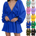 Deep V-neck pleated dress in blue with long sleeves, showcasing stylish colors and a retro design.