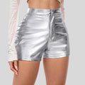 Silver metallic shorts worn by a person on a plain background