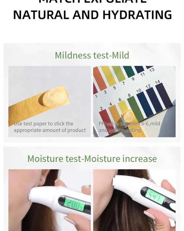 Product testing for exfoliation with pH test paper and digital device on skin.