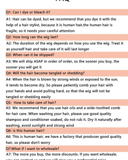 FAQ section about hair care and wig maintenance on a pink background