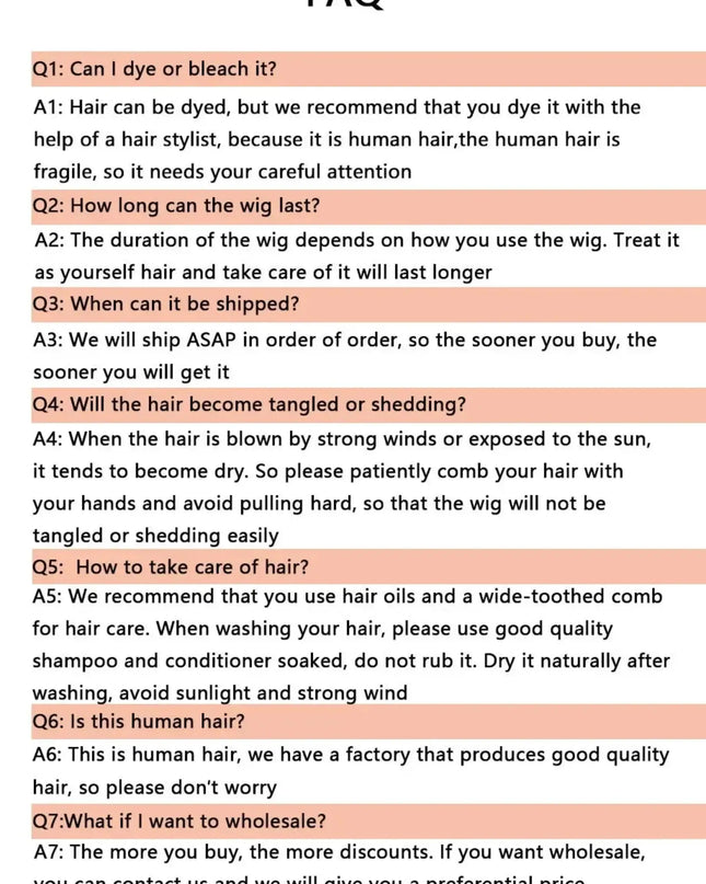 FAQ section about hair care and wig maintenance on a pink background