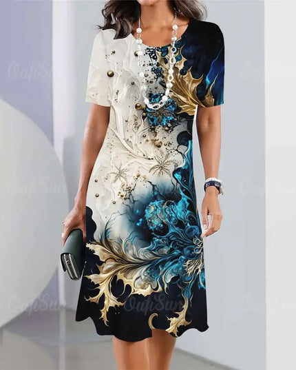 summer women's dresses 3d floral print featuring elegant design with short sleeves and A-line skirt
