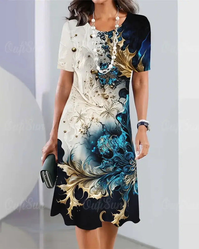 summer women's dresses 3d floral print featuring elegant design with short sleeves and A-line skirt