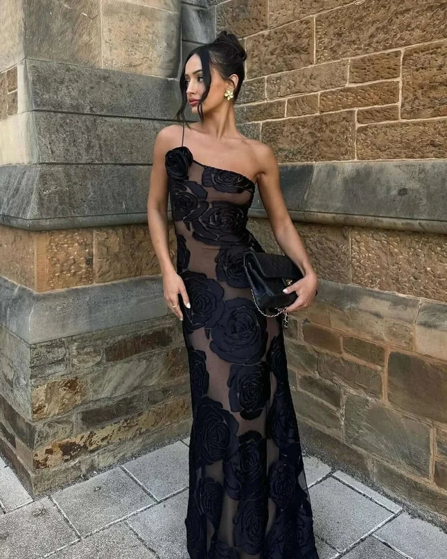 Oligai one shoulder elegant dress showcasing a sexy mesh bodycon fit with floral design, perfect for weddings and parties.