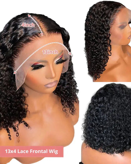 Collage of a 13x4 lace frontal wig on a mannequin head with close-up details.