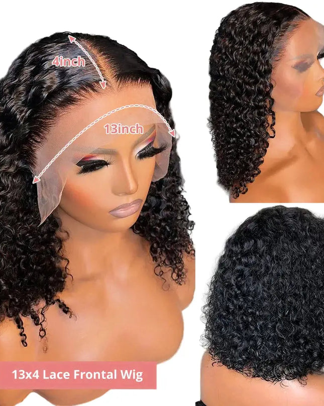 Collage of a 13x4 lace frontal wig on a mannequin head with close-up details.