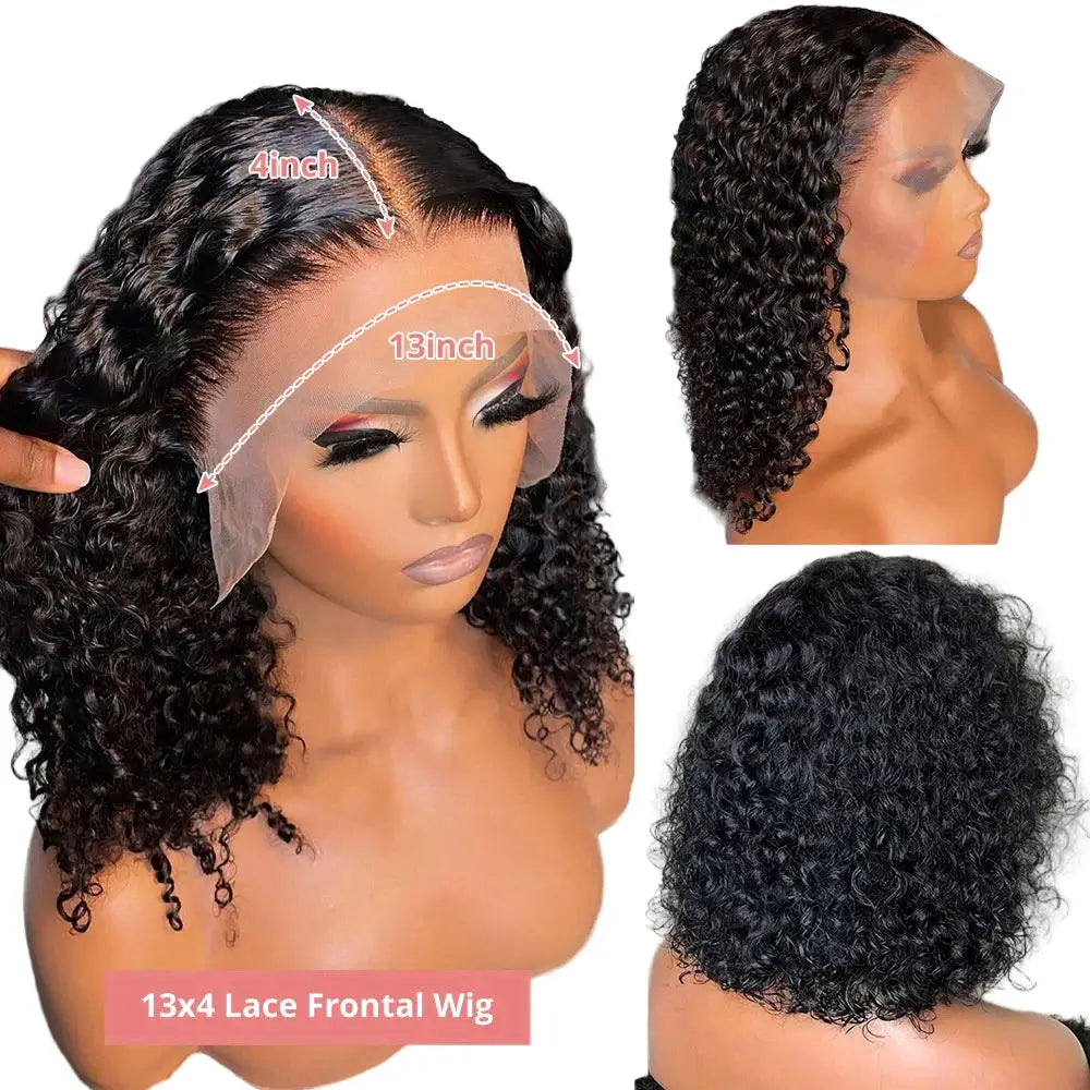 Collage of a 13x4 lace frontal wig on a mannequin head with close-up details.