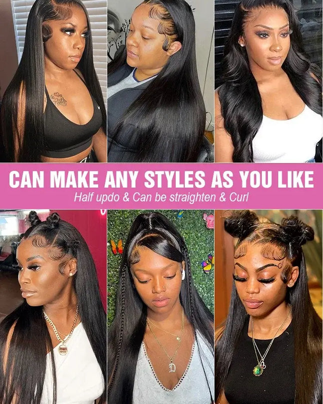Collage of women showcasing versatile hairstyles with a 200 density HD lace wig, including half updos and straightened looks.