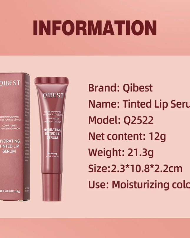 Qibest Tinted Lip Serum with packaging on a pink background