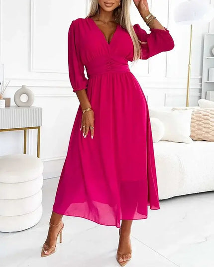 Sexy V Neck Solid Chiffon Long Dress Women Spring Elegant High-waisted Slim Party Dress Autumn 3/4 Sleeve A-Line Bohemian Dress