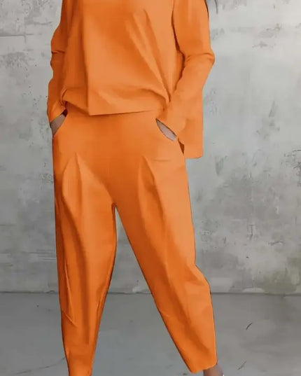 Women's Two-piece Solid Color Round Neck Long Sleeved Top and Casual Pants Set for Autumn 2024