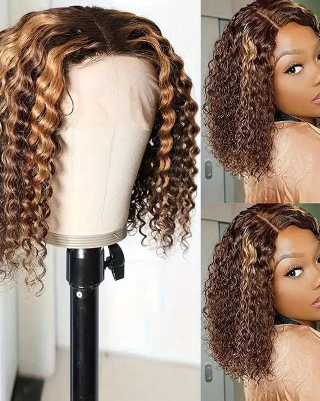 Deep Wave Bob Wig Human Hair Glueless Highlight 5x5 HD Lace Front 220% Density 4/27 Colored Ombre