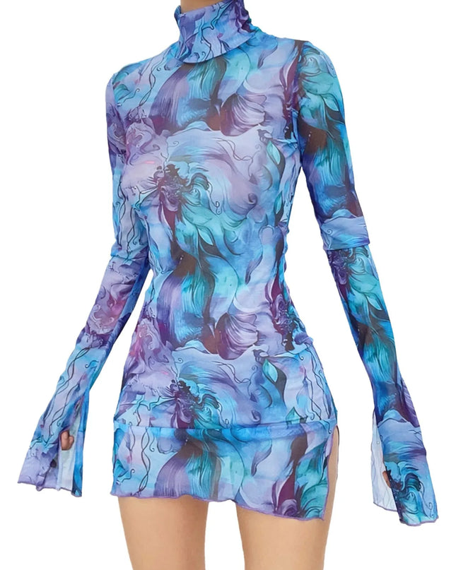 Y2K Mesh Bodycon Dress – Bell Sleeves, Open Hip Design
