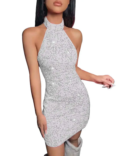 Women Formal Dresses Evening Ladies Solid Color Glitter V Neck Backless Sleeveless Ruched Sequin Bodycon Evening Gown Petite
