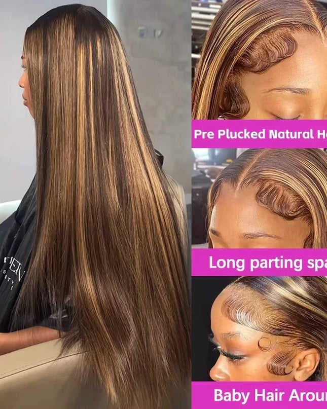 Collage of a woman with long straight hair, pre-plucked natural hairline, long parting space, and baby hair around.