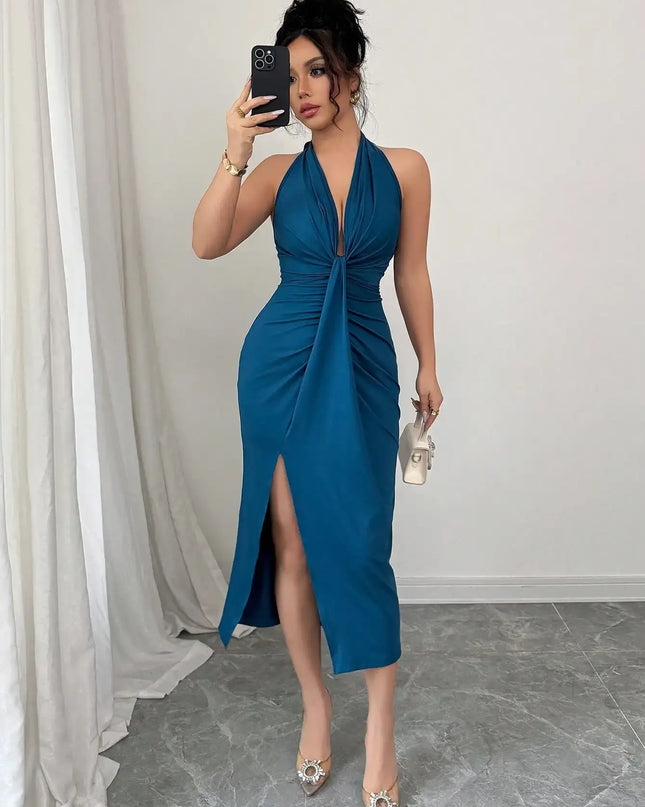 Elegant Blue Halter Neck Dress For Women.