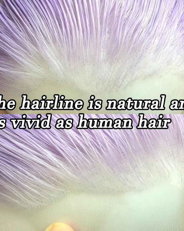 Close-up of synthetic hair with a natural look, text overlay 'The hairline is natural and as vivid as human hair'.