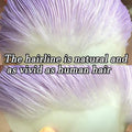 Close-up of synthetic hair with a natural look, text overlay 'The hairline is natural and as vivid as human hair'.