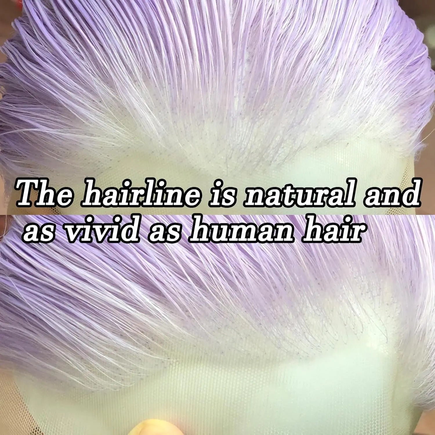 Close-up of synthetic hair with a natural look, text overlay 'The hairline is natural and as vivid as human hair'.