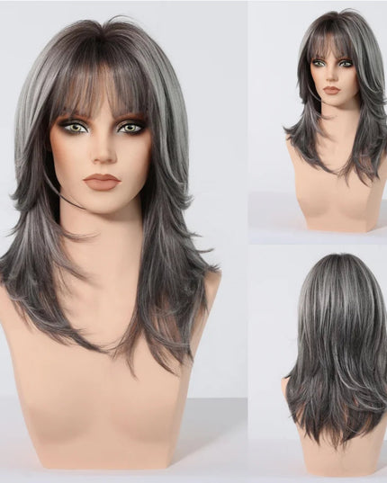 Gray wig with bangs displayed on a mannequin head against a white background