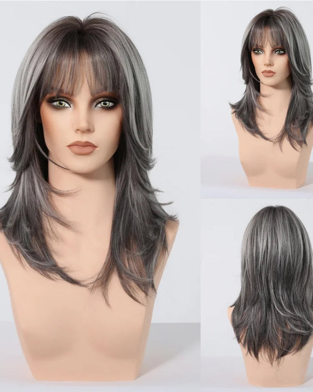 Gray wig with bangs displayed on a mannequin head against a white background